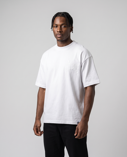 White Urban Street T-Shirt by KHROME AISUAUTO worn by a model, front view with chest logo
