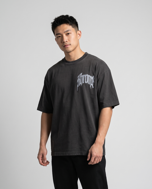 Faded Black Urban Street T-Shirt by KHROME AISUAUTO worn by a model, front view with chest logo