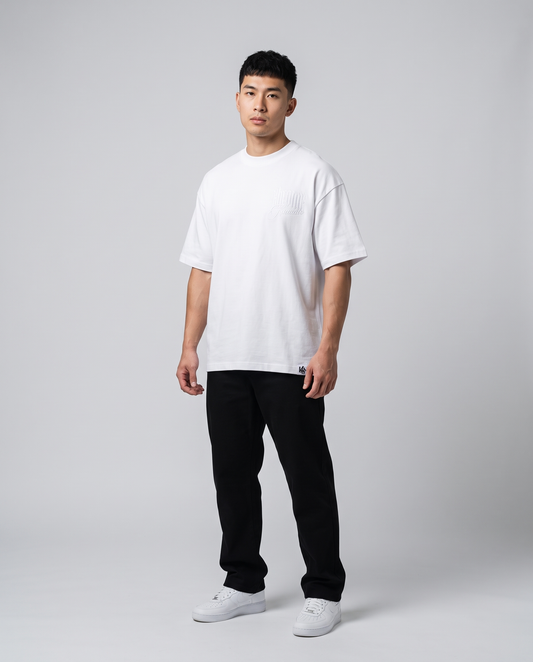 White Minimarisuto T-Shirt by KHROME AISUAUTO worn by a model, front view with chest logo