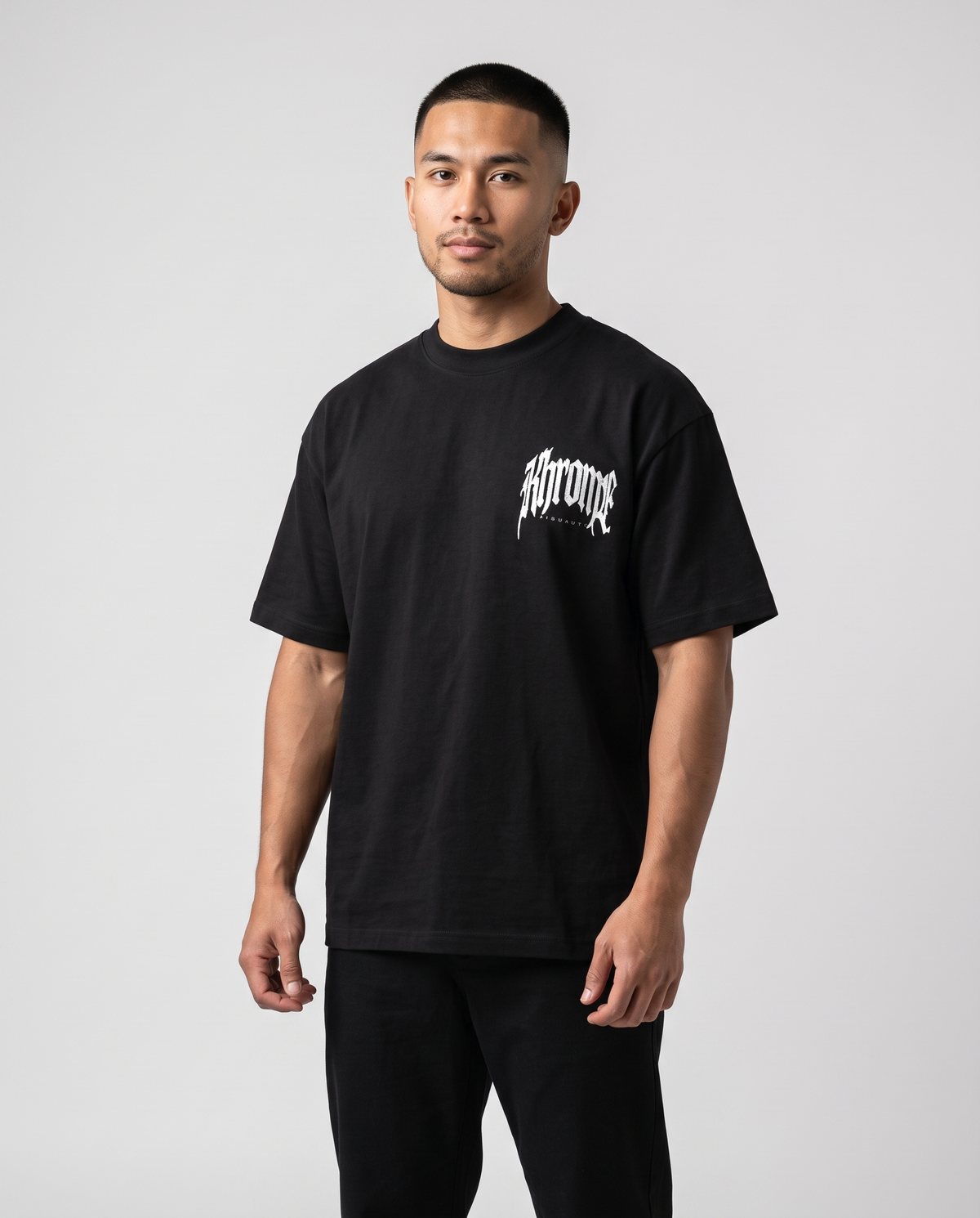 Black Urban Street T-Shirt by KHROME AISUAUTO worn by a model, front view with chest logo
