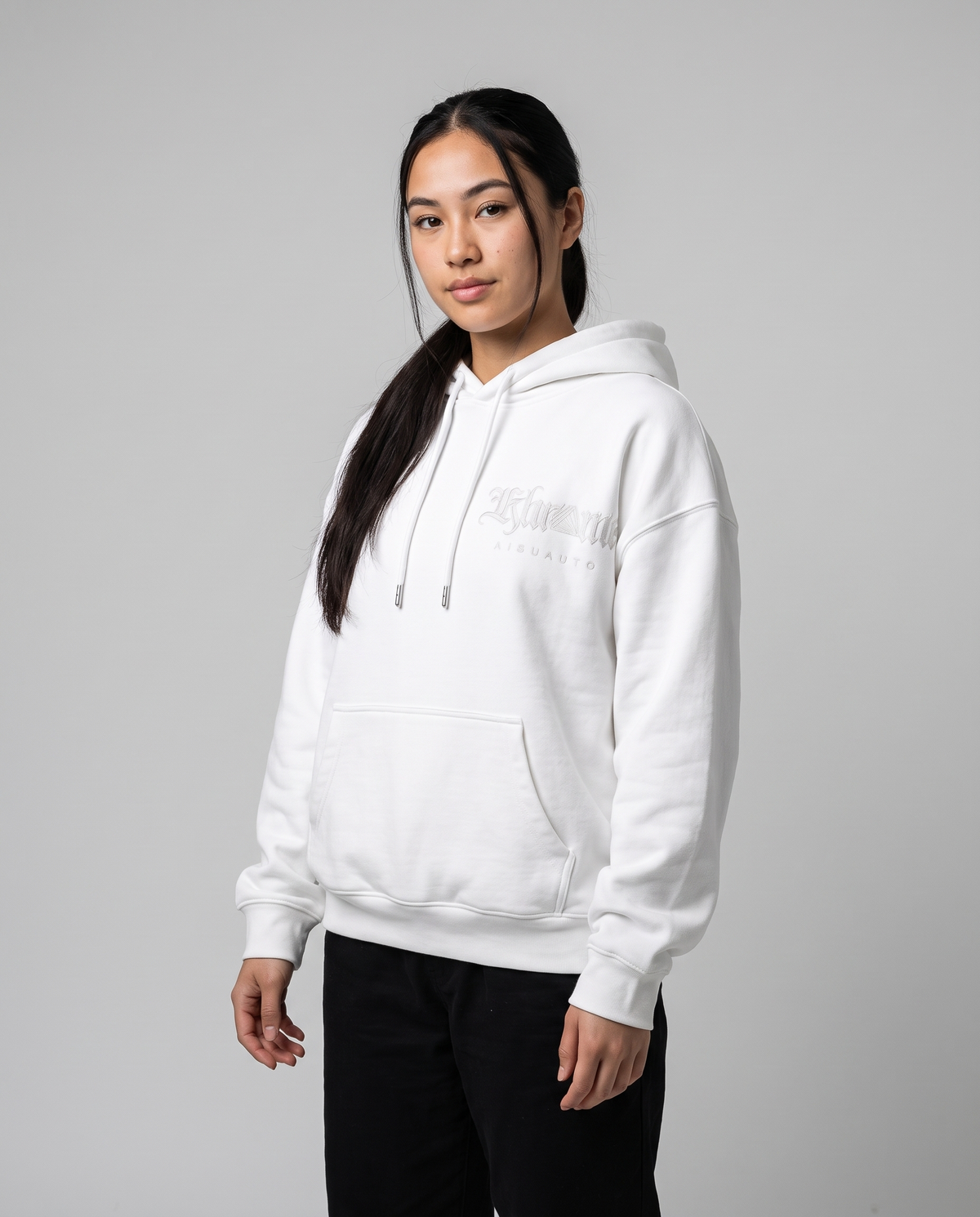 White Sakurasheniru Blossom Hoodie by KHROME AISUAUTO worn by a model, front view with chest logo