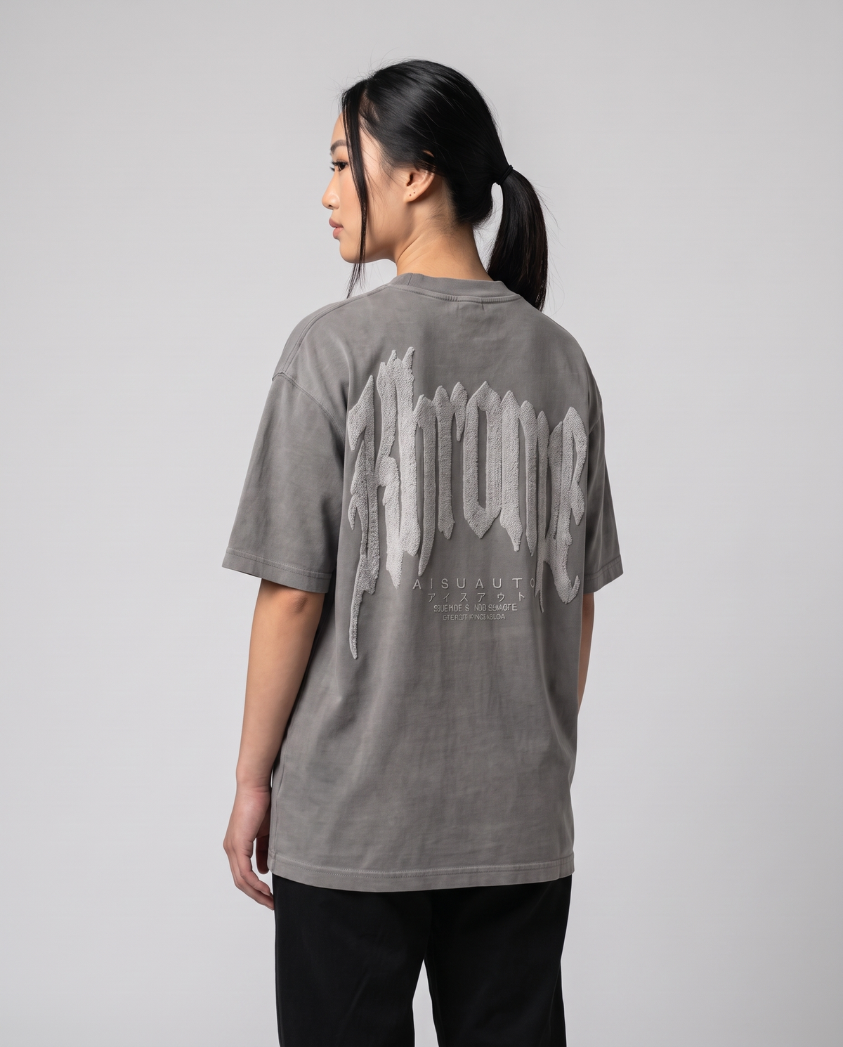 Faded Grey Urban Street T-Shirt by KHROME AISUAUTO worn by a model, back view showing the full back print