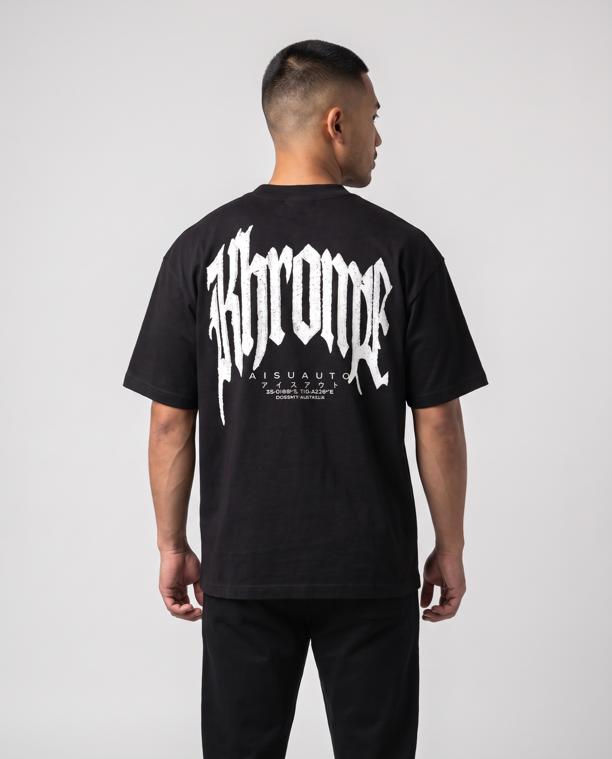 Black Urban Street T-Shirt by KHROME AISUAUTO worn by a model, back view showing the full back print
