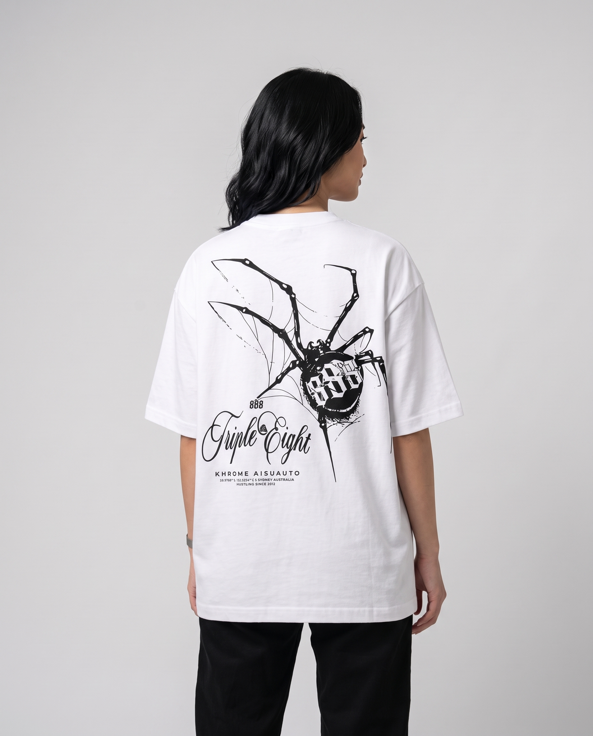 White Dakusukai Spider T-Shirt by KHROME AISUAUTO worn by a model, back view showing the full back print
