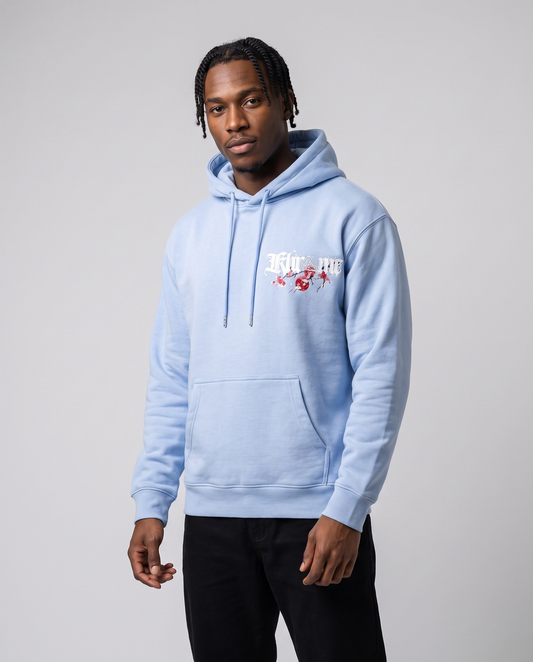 Baby Blue Kuromu Sakura Hoodie by KHROME AISUAUTO worn by a model, front view with chest logo