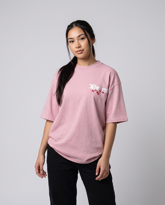 Baby Pink Kuromu Sakura T-Shirt by KHROME AISUAUTO worn by a model, front view with chest logo