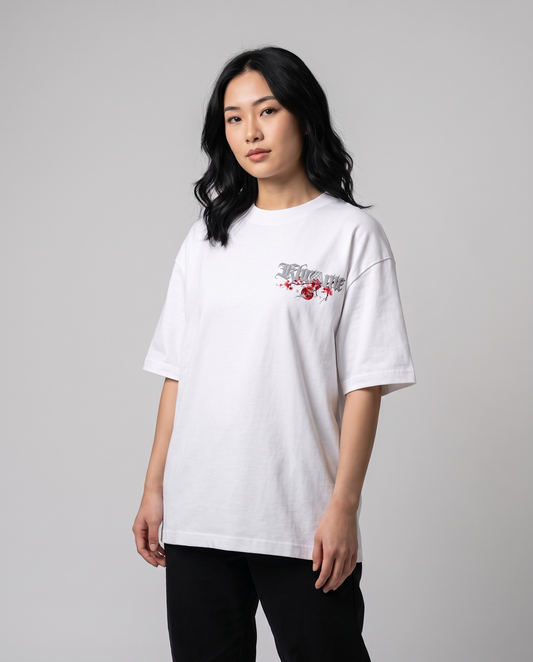 White Kuromu Sakura T-Shirt by KHROME AISUAUTO worn by a model, front view with chest logo