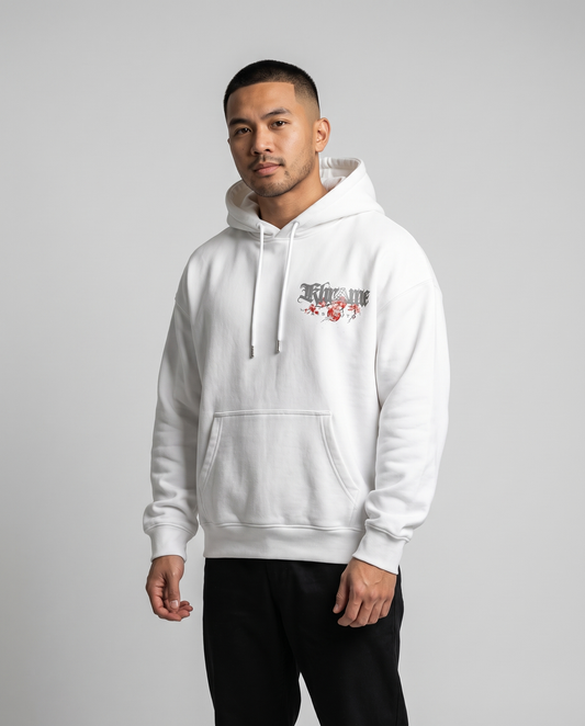 White Kuromu Sakura Hoodie by KHROME AISUAUTO worn by a model, front view with chest logo