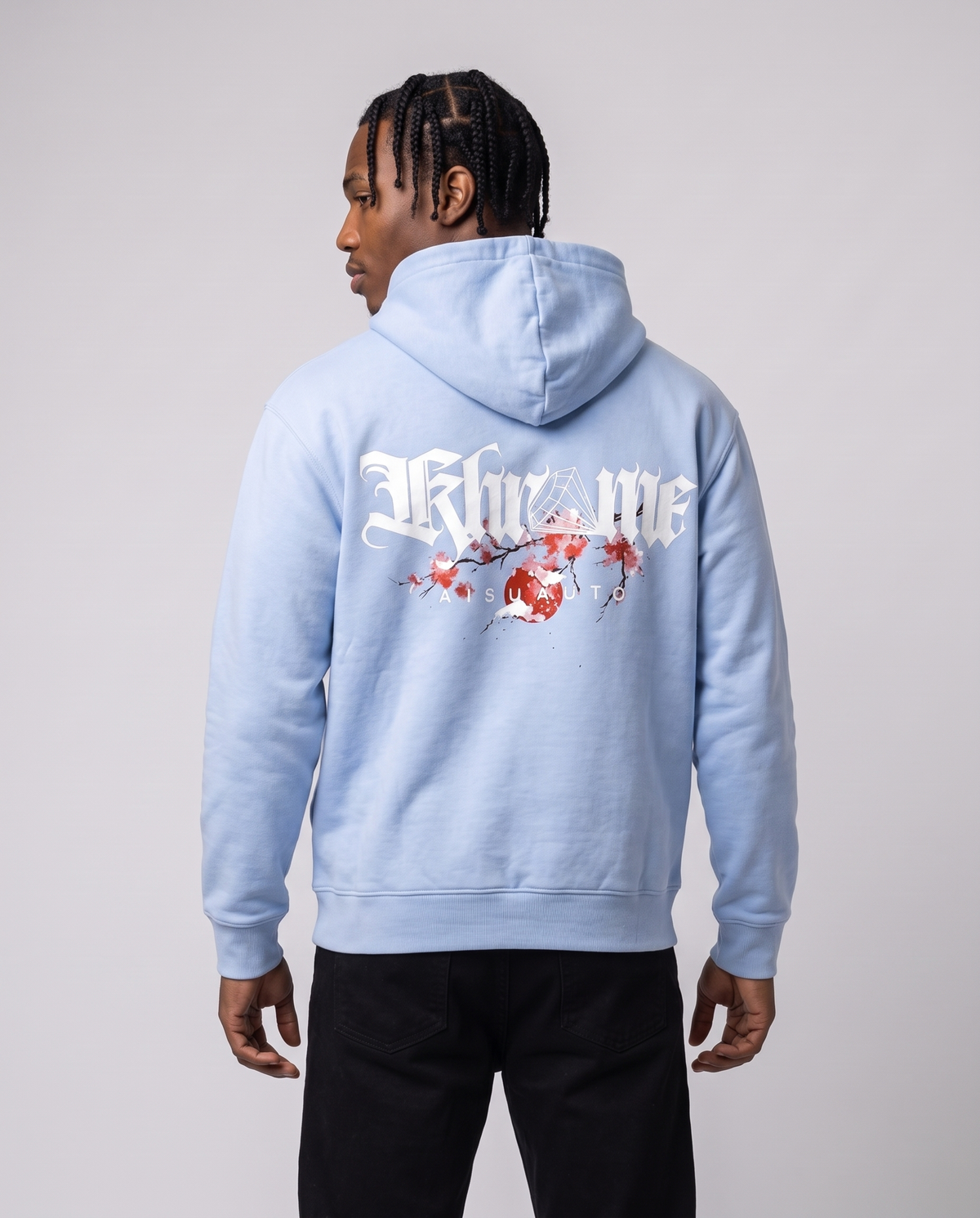 Baby Blue Kuromu Sakura Hoodie by KHROME AISUAUTO worn by a model, back view showing the full back print