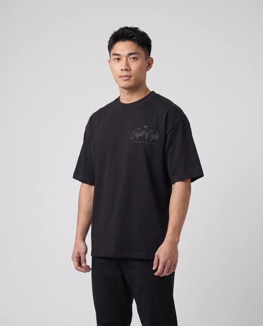 Black Dakusukai Spider T-Shirt Black On Black by KHROME AISUAUTO worn by a model, front view with chest logo