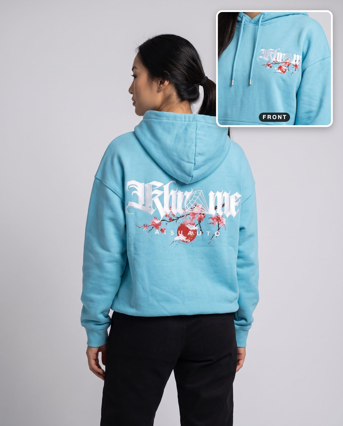 Tiffany Blue Kuromu Sakura Hoodie by KHROME AISUAUTO worn by a model, back print with front chest logo detail