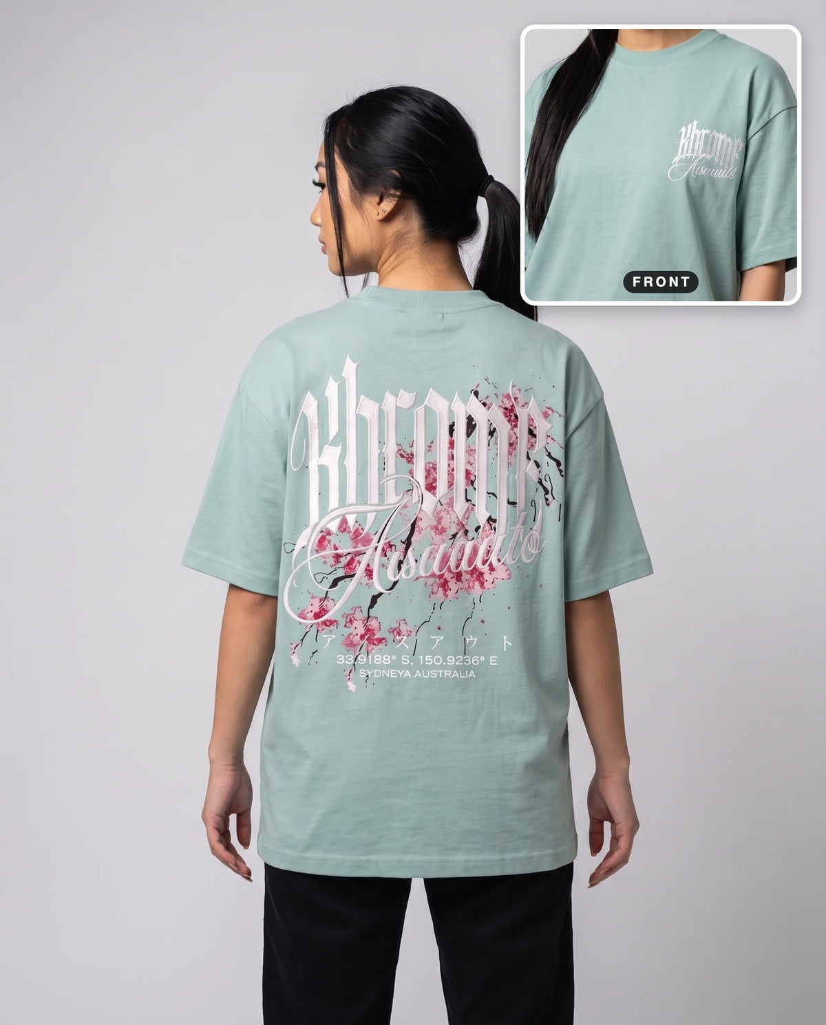 Teal Minimarisuto Sakura T-Shirt by KHROME AISUAUTO worn by a model, back print with front chest logo detail
