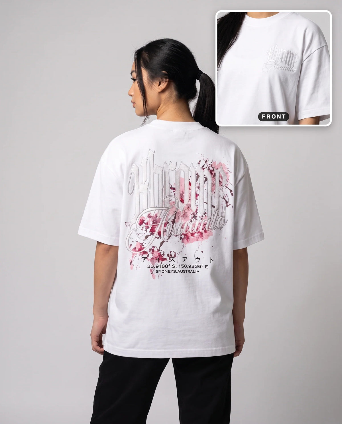 White Minimarisuto Sakura T-Shirt by KHROME AISUAUTO worn by a model, back print with front chest logo detail