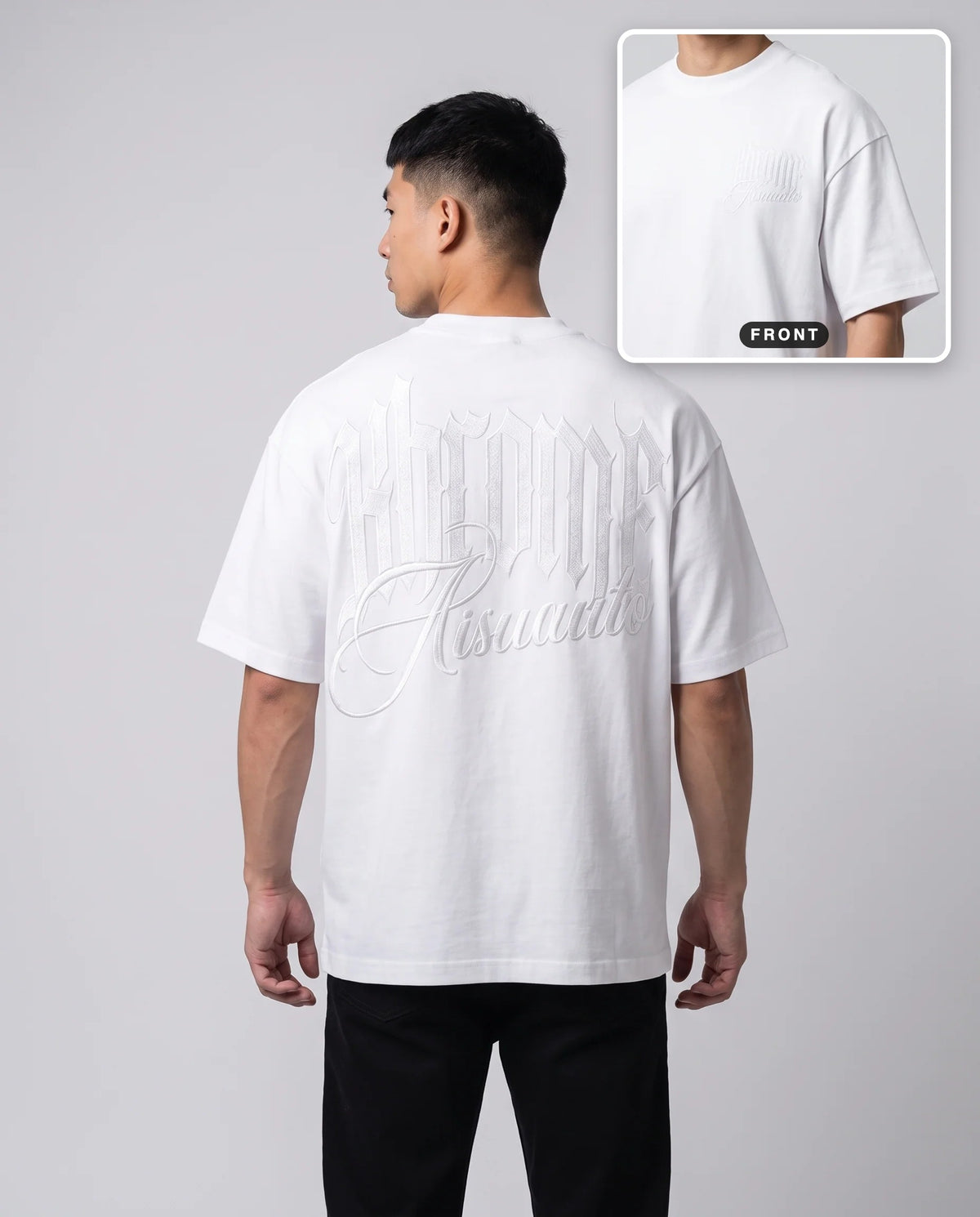 White Minimarisuto T-Shirt by KHROME AISUAUTO worn by a model, back print with front chest logo detail