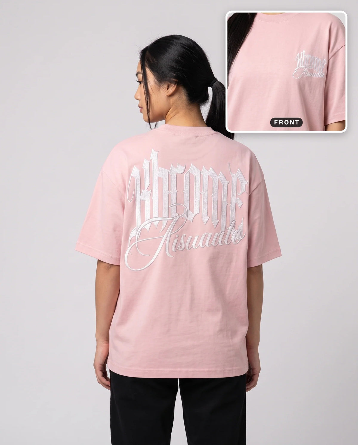 Pink Minimarisuto T-Shirt by KHROME AISUAUTO worn by a model, back print with front chest logo detail