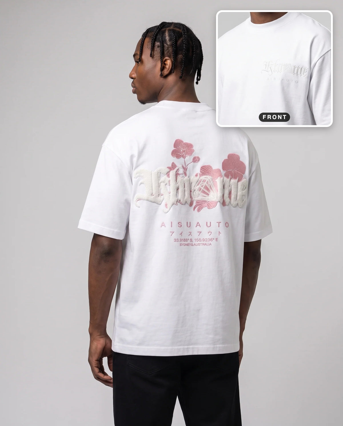 White Sakurasheniru Blossom T-Shirt by KHROME AISUAUTO worn by a model, back print with front chest logo detail