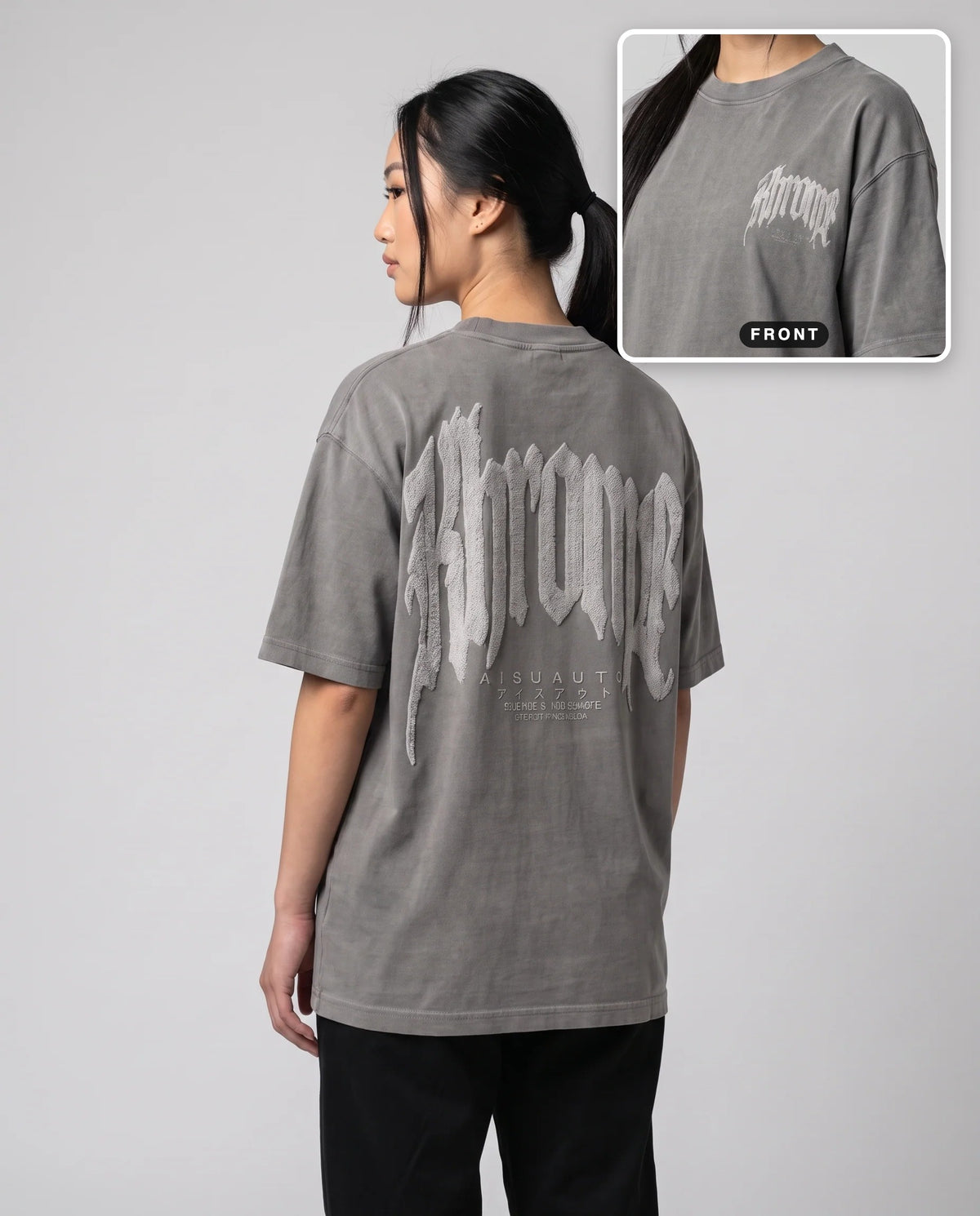 Faded Grey Urban Street T-Shirt by KHROME AISUAUTO worn by a model, back print with front chest logo detail