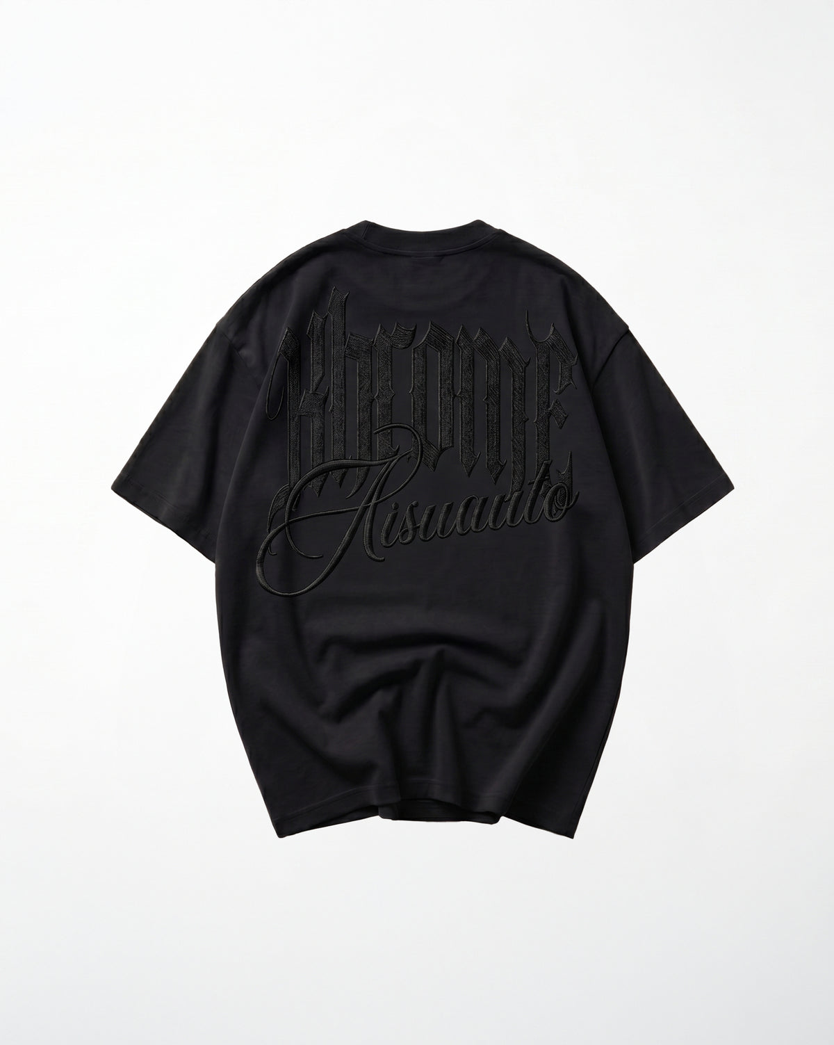 Black Minimarisuto oversized T-shirt, black on black embroidery by KHROME AISUAUTO