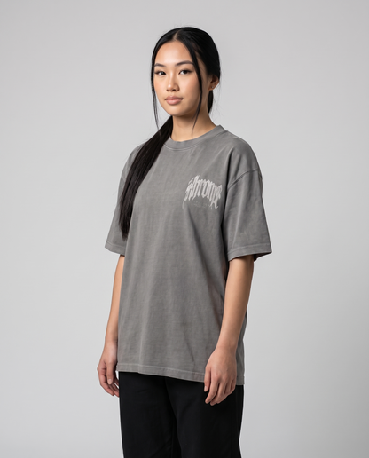 Faded Grey Urban Street T-Shirt by KHROME AISUAUTO worn by a model, front view with chest logo