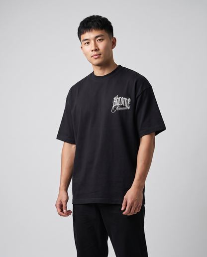 Black Minimarisuto Sakura T-Shirt by KHROME AISUAUTO worn by a model, front view with chest logo