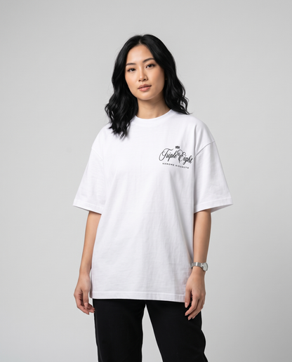 White Dakusukai Spider T-Shirt by KHROME AISUAUTO worn by a model, front view with chest logo