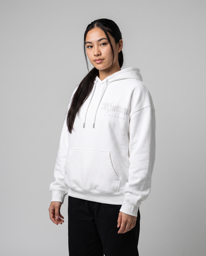 White Sakurasheniru Blossom Hoodie by KHROME AISUAUTO worn by a model, front view with chest logo