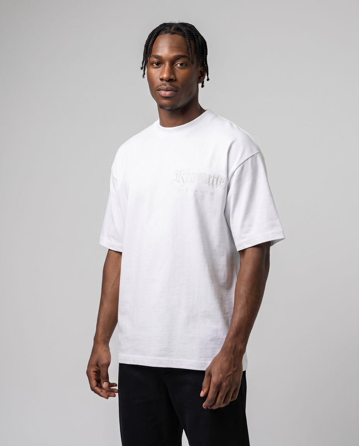 White Sakurasheniru Blossom T-Shirt by KHROME AISUAUTO worn by a model, front view with chest logo