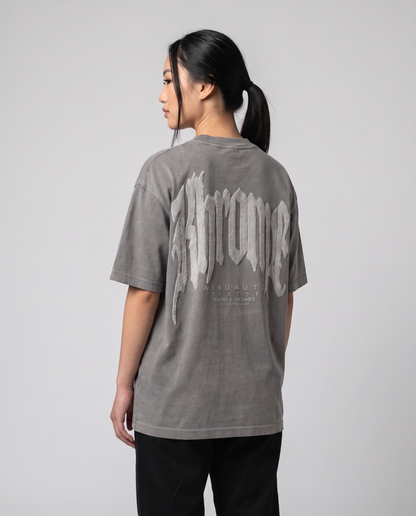 Faded Grey Urban Street T-Shirt by KHROME AISUAUTO worn by a model, back view showing the full back print
