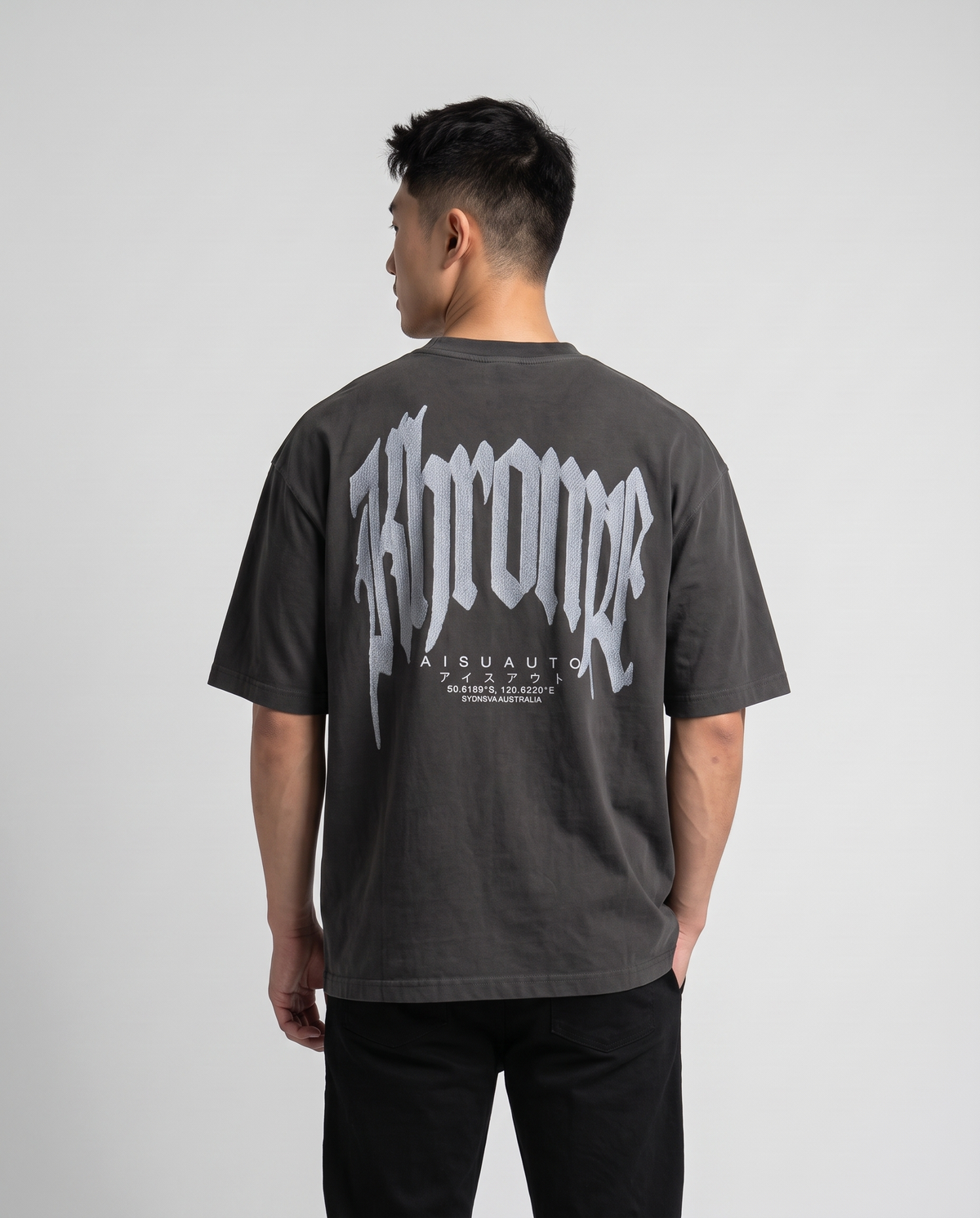 Faded Black Urban Street T-Shirt by KHROME AISUAUTO worn by a model, back view showing the full back print