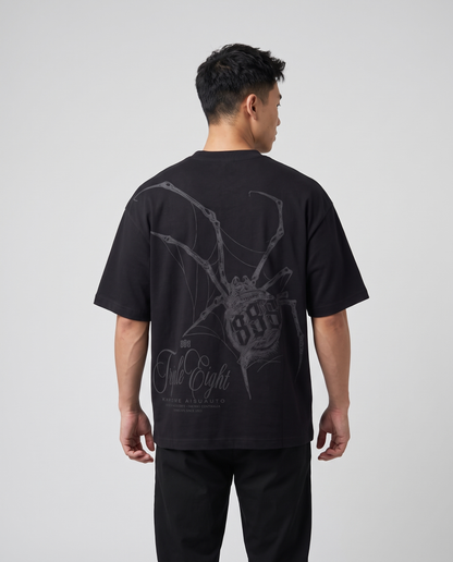 Black Dakusukai Spider T-Shirt Black On Black by KHROME AISUAUTO worn by a model, back view showing the full back print