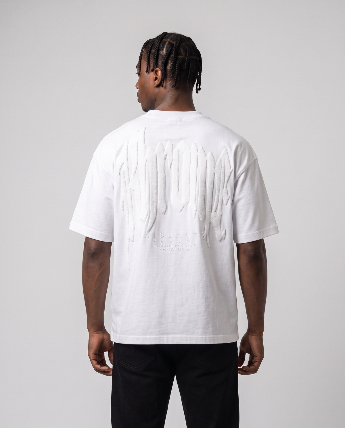 White Urban Street T-Shirt by KHROME AISUAUTO worn by a model, back view showing the full back print