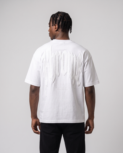 White Urban Street T-Shirt by KHROME AISUAUTO worn by a model, back view showing the full back print