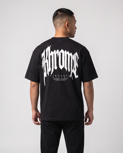 Black Urban Street T-Shirt by KHROME AISUAUTO worn by a model, back view showing the full back print