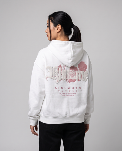 White Sakurasheniru Blossom Hoodie by KHROME AISUAUTO worn by a model, back view showing the full back print