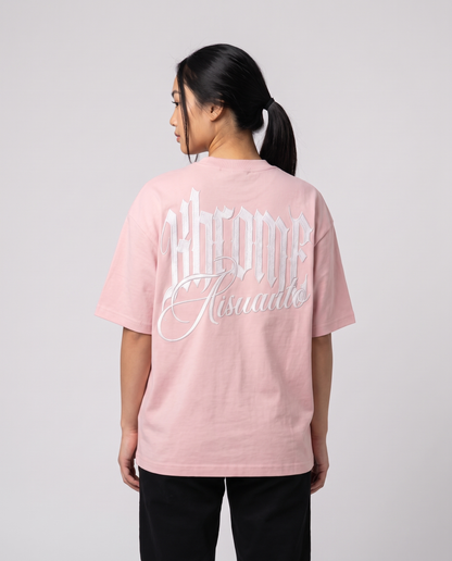 Pink Minimarisuto T-Shirt by KHROME AISUAUTO worn by a model, back view showing the full back print