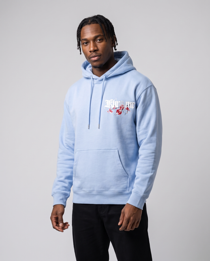 Baby Blue Kuromu Sakura Hoodie by KHROME AISUAUTO worn by a model, front view with chest logo