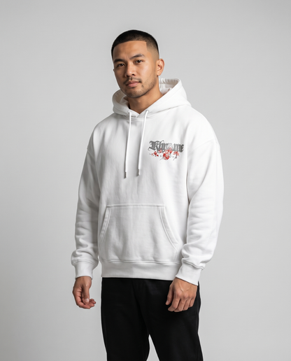 White Kuromu Sakura Hoodie by KHROME AISUAUTO worn by a model, front view with chest logo