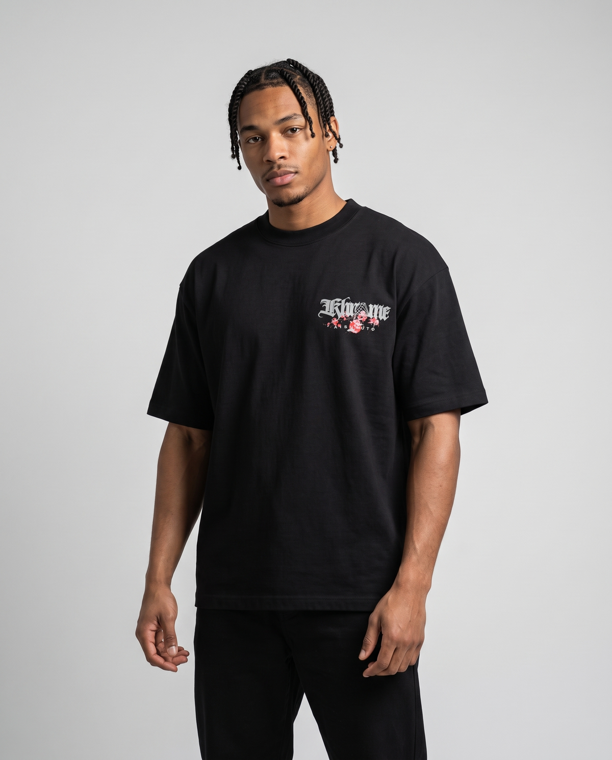 Black Kuromu Sakura T-Shirt by KHROME AISUAUTO worn by a model, front view with chest logo