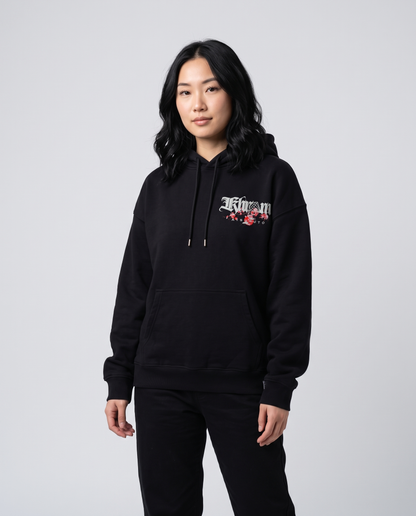 Black Kuromu Sakura Hoodie by KHROME AISUAUTO worn by a model, front view with chest logo