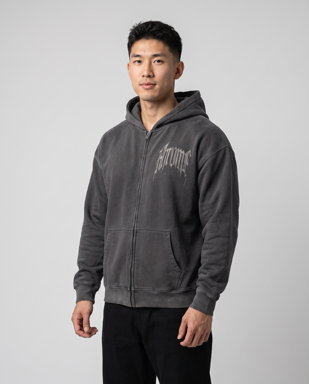 Faded Grey Urban Street Hoodie by KHROME AISUAUTO worn by a model, front view with chest logo