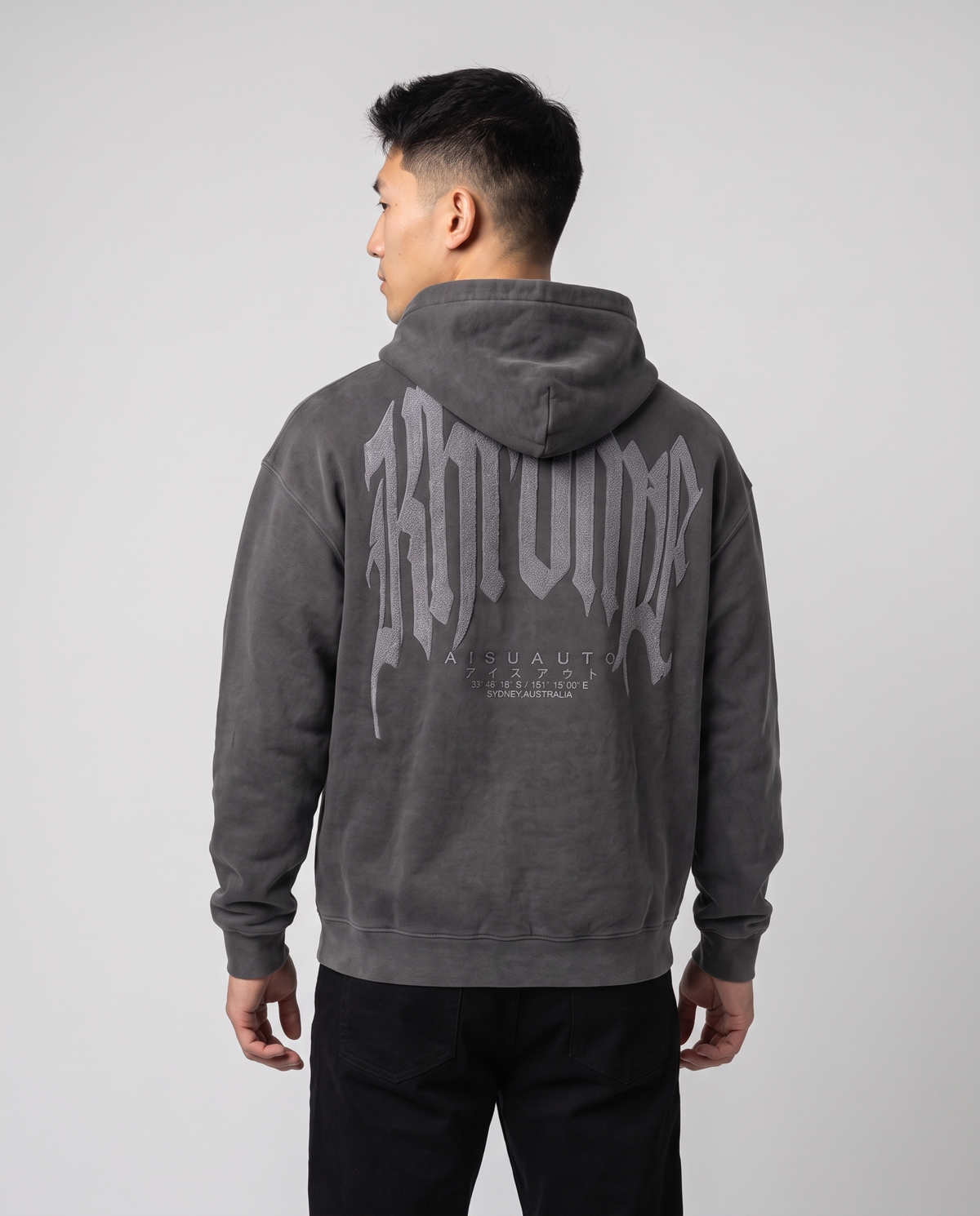 Faded Grey Urban Street Hoodie by KHROME AISUAUTO worn by a model, back view showing the full back print