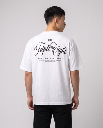 White Triple Eight T-Shirt by KHROME AISUAUTO worn by a model, back view showing the full back print