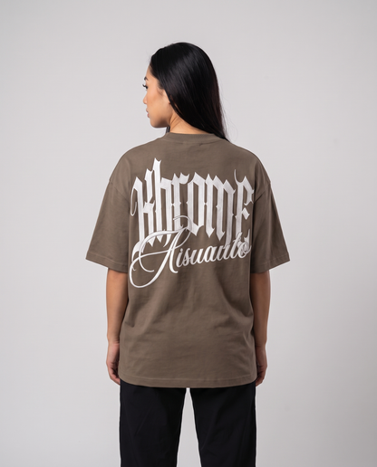 Walnut Minimarisuto T-Shirt by KHROME AISUAUTO worn by a model, back view showing the full back print