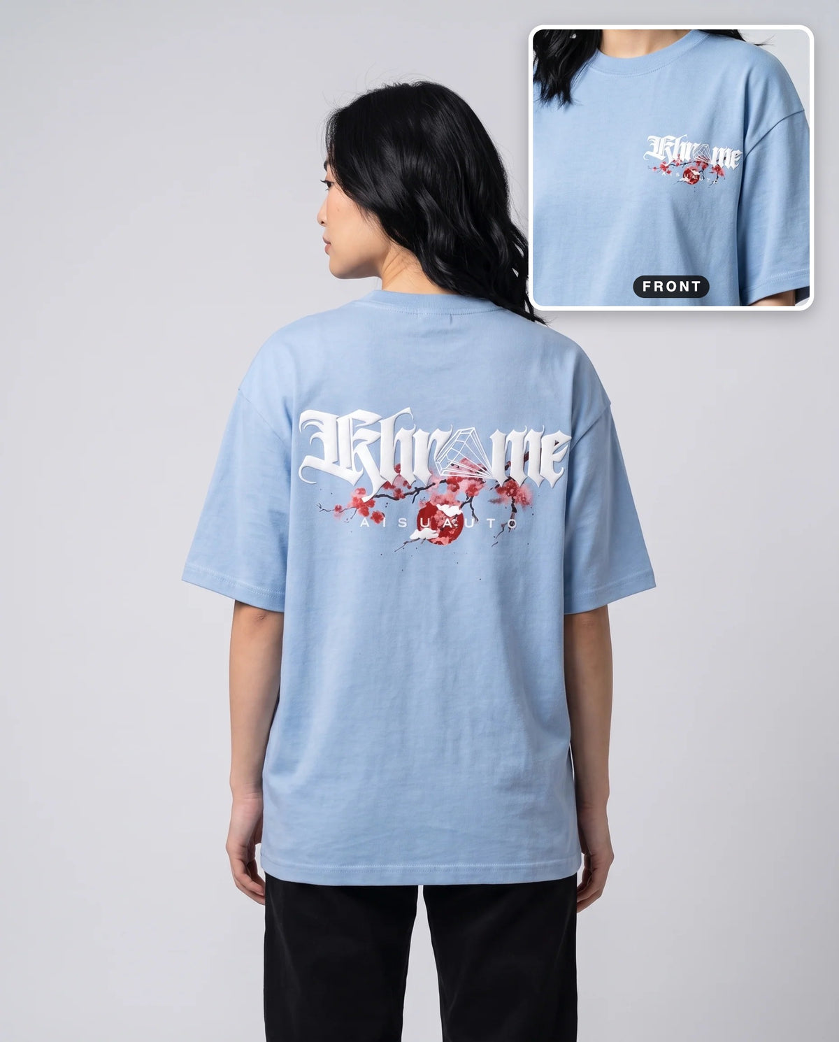 Baby Blue Kuromu Sakura T-Shirt by KHROME AISUAUTO worn by a model, back print with front chest logo detail