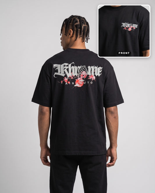 Black Kuromu Sakura T-Shirt by KHROME AISUAUTO worn by a model, back print with front chest logo detail