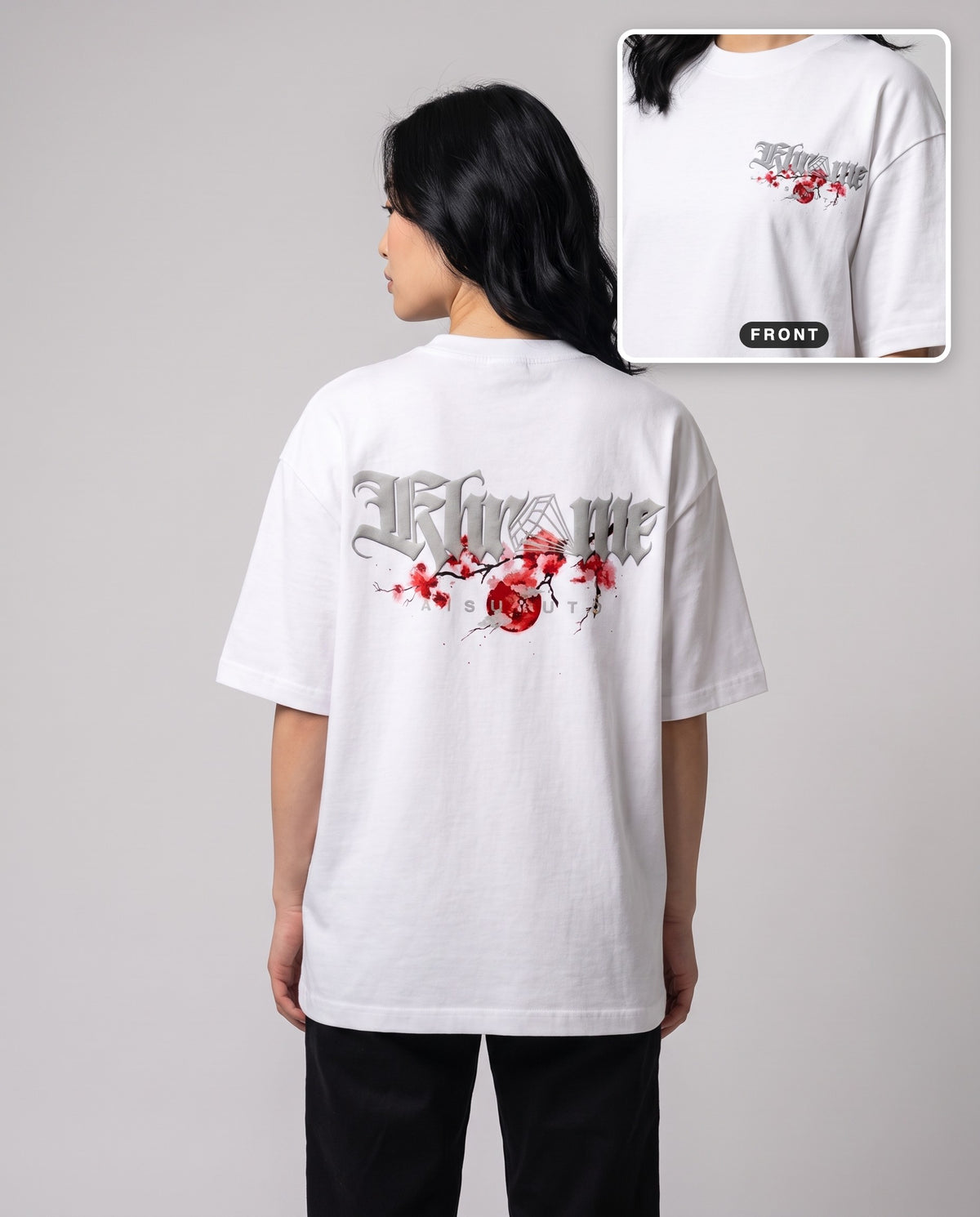 White Kuromu Sakura T-Shirt by KHROME AISUAUTO worn by a model, back print with front chest logo detail