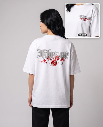 White Kuromu Sakura T-Shirt by KHROME AISUAUTO worn by a model, back print with front chest logo detail