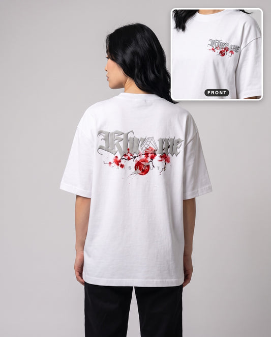 White Kuromu Sakura T-Shirt by KHROME AISUAUTO worn by a model, back print with front chest logo detail