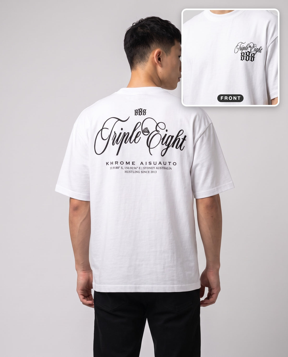 White Triple Eight T-Shirt by KHROME AISUAUTO worn by a model, back print with front chest logo detail