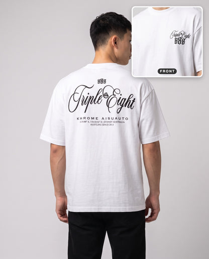 White Triple Eight T-Shirt by KHROME AISUAUTO worn by a model, back print with front chest logo detail